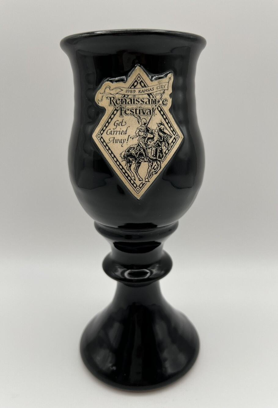 Renaissance Festival 8” Black Pottery Goblet 1989 Kansas City Get Carried Away